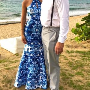 White and Blue Printed Formal Dress